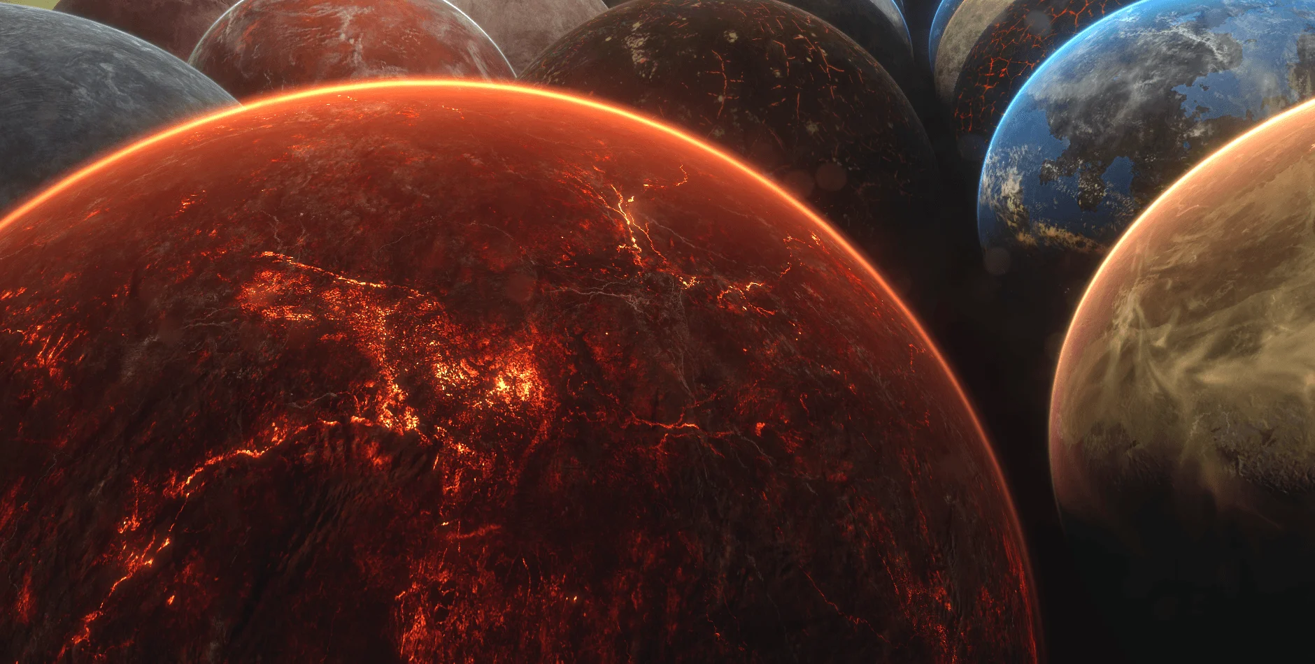 An illuminated red planet surrounded by distant worlds